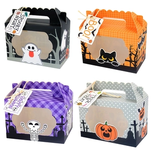 Halloween Candy Gift Boxes Cardboard Portable Handle Window Pumpkin Ghost Skull Black Cat Party Favors
