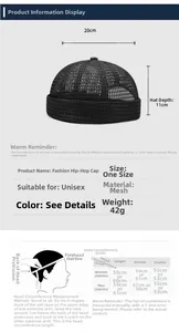 Size chart showing mesh hip-hop brimless dockers hat dimensions and head measurement guide