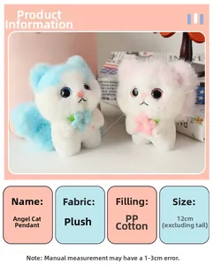 Detail of plush angel cat pendants in blue and pink with floral accents and soft filling