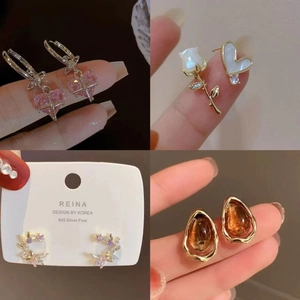 Chic S925 silver needle floral butterfly earrings set with resin charms for women