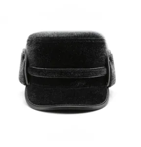 Front view of a black faux fur trapper hat with premium leather piping for winter warmth