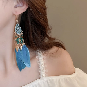 Close-up of bohemian blue feather earrings with beads and alloy hooks on model