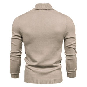 Back view of men's beige turtleneck knit sweater with ribbed cuffs and hem details