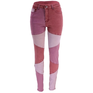 Jeans patchwork da donna in stile francese con pannelli multicolore rosso rosa e viola