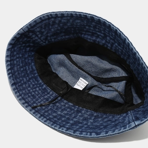 Classic dark blue washed denim bucket hat made of 100% cotton with inner sweatband detail