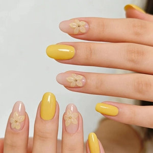 Yellow Press On Nails With 3D Floral Design Long Almond Shape Artificial False Nails For Women Sweet Fresh Style