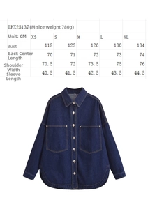 Detaillierte Größentabelle für modisches A-Linien Jeanshemd mit Revers und Taschen