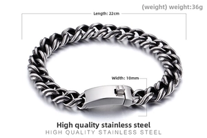 Macro shot of 10mm wide stainless steel Cuban link bracelet with 22cm length dimensions