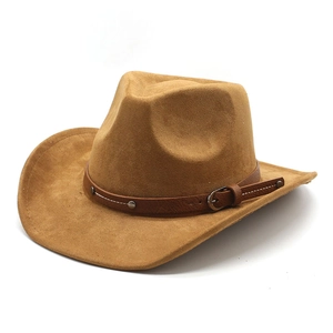 Classic brown faux suede western cowboy hat with studded leather band and vintage buckle