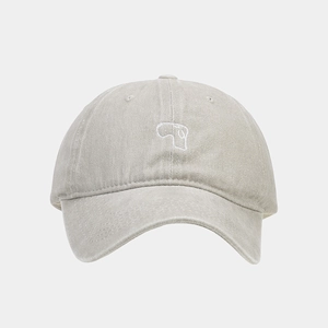 Detail of light gray washed cotton baseball cap with minimalist white line embroidery