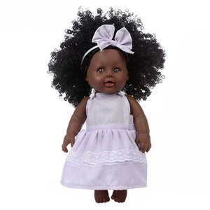 12-inch African American baby doll with curly hair in a light purple tie-dye lace dress
