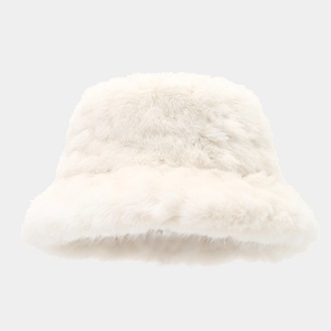 Winter fluffy white faux fur bucket hat with thick plush insulation for women's outdoor fashion