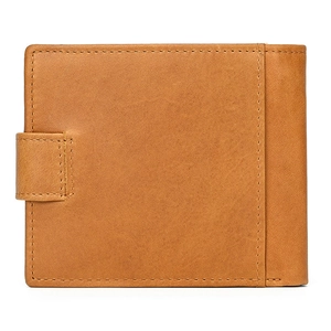 Detail of closed brown genuine leather tri-fold wallet showing texture and snap fastener