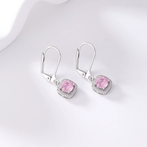 Elegant silver earrings featuring square pink zircon stones with sparkling halo setting