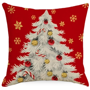 Christmas reindeer snow tree cushion cover in red cotton linen for home sofa decoration