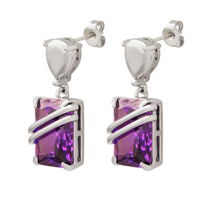 Elegant silver earrings with rectangular purple zircon stones on a clean white background