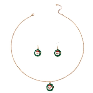 Christmas Santa Claus enamel jewelry set with golden chain necklace and round earrings