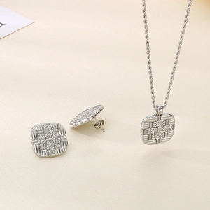 Silver square pendant necklace and stud earrings set with elegant woven texture metal