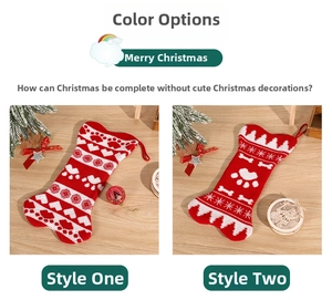 Detailed view of bone-shaped knit Christmas stockings with paw and heart patterns