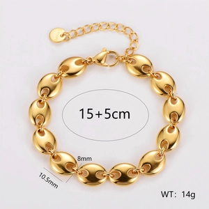 8mm Golden stainless steel coffee bean link bracelet with 15+5cm adjustable chain for women