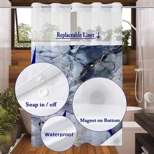 Detail showing waterproof marble shower curtain with snap-in liner and magnetic bottom hem