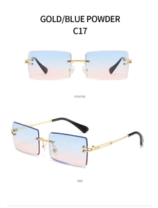 Detail view of rimless square sunglasses with blue-pink gradient lenses and gold metal frame