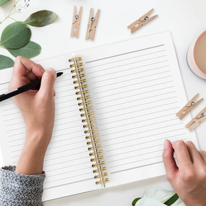 Minimalist Santa spiral notebook with golden coil and lined pages for writing
