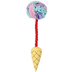 Ice cream shaped dog sniff mat puzzle toy with colorful plush foraging pods and ropes