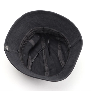 Interior view of black cotton bucket hat with adjustable drawstring and sweatband