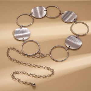 Metallic silver adjustable waist chain with textured circular discs and ring link design