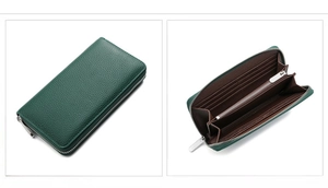Deep green lychee texture leather long wallet with zipper and multi-card slots design