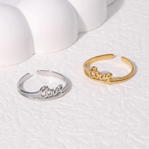 Minimalist adjustable stainless steel Love rings in gold and silver finish