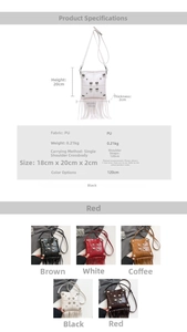 Detailed size specifications and material chart for the studded fringe crossbody bag