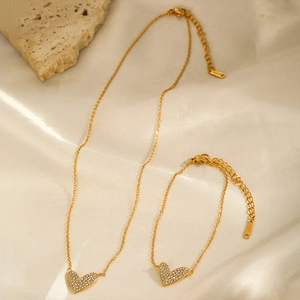 Gold plated stainless steel heart necklace and bracelet set with cubic zirconia stones