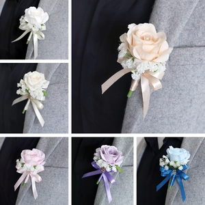 Artificial rose boutonniere set for wedding grooms with silk ribbon and rhinestone accents