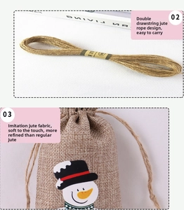 Detail of Christmas burlap gift bag showing soft texture and cute snowman pattern