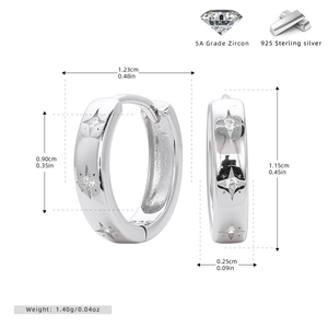 Detailed view of S925 sterling silver star earrings with precise size and weight specs