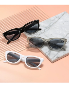 Detailed display of vintage cat-eye sunglasses in black, transparent grey, and white colors