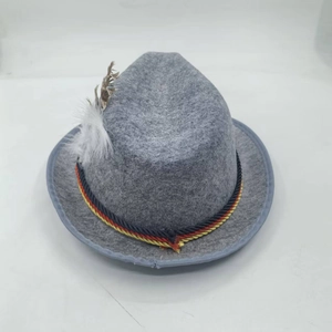 Classic grey wool felt Fedora hat featuring German tricolor rope and feather decoration