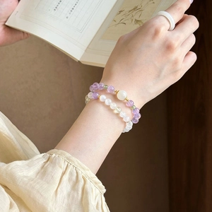 Natural amethyst and green stone beaded bracelets in a minimalist Chinese style for women