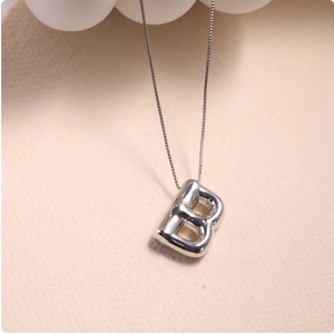 Polished silver puffer letter B pendant necklace with elegant box chain for women