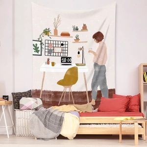 Detail of bohemian tapestry featuring hand-drawn indoor scene on cozy bedroom wall
