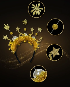 Detailed views of gold glitter stars and disco balls on a festive party headband