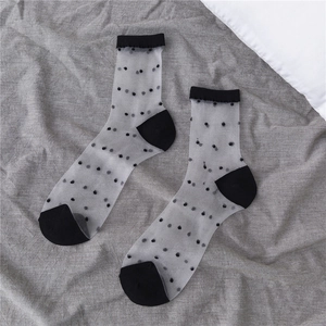Detail of sheer mesh crew socks featuring classic black polka dots and reinforced heels