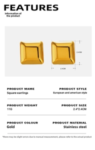 Detailed size chart for square gold stainless steel earrings measuring 2.4cm by 2.4cm