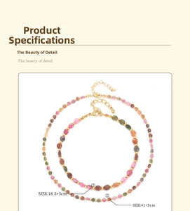 Detail view of colorful beaded tourmaline necklace and bracelet set with golden lobster clasp