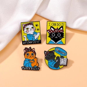 Cartoon Cat Enamel Pin Rosie The Riveter Style Alloy Brooch Motivational Quote Jewelry For Backpack Clothes Decoration