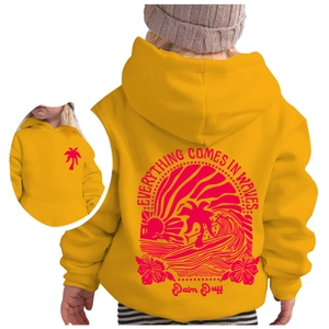 Kids bright yellow hoodie with Chasing Sunsets palm tree print back and front view