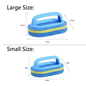 Blue and yellow tile cleaning sponges with ergonomic handles in two sizes for kitchen use