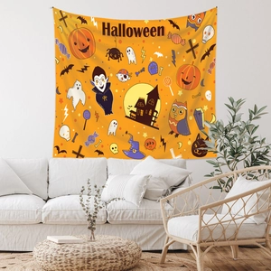 Detail of Halloween tapestry with cartoon pumpkin and ghost icons over a white sofa
